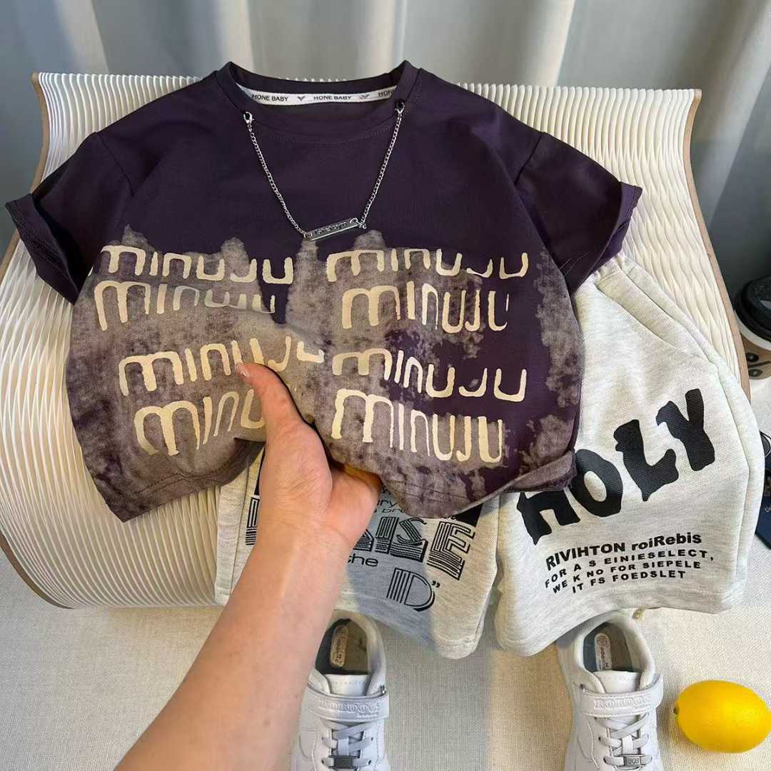 Boys' fashion set, short-sleeve top and shorts--Trendy elements---20