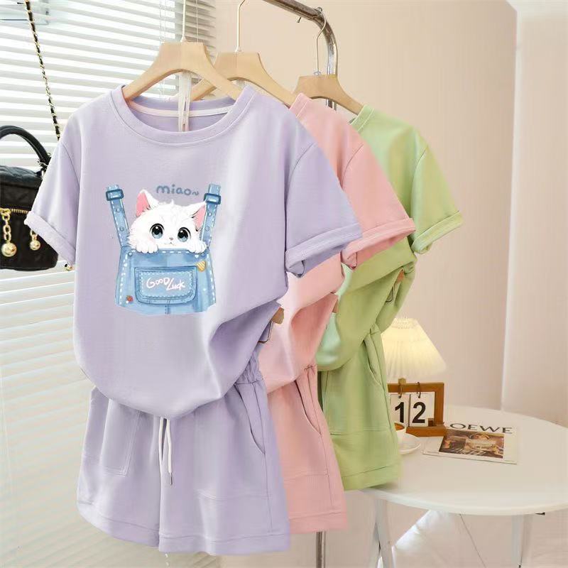 Girls' fashion set, short-sleeve top and shorts--Cute white cat---24