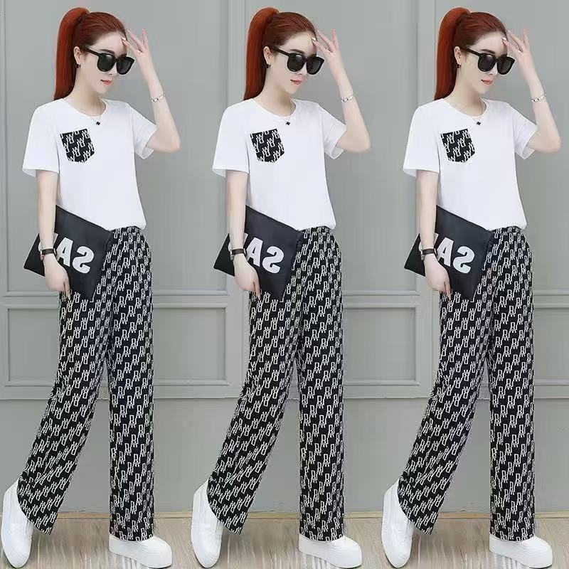 High-quality women's summer fashion pure cotton set: short-sleeved top + trousers---56