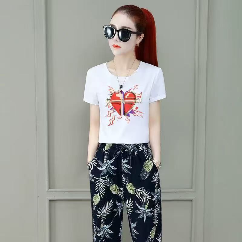 High-quality women's summer fashion pure cotton set: short-sleeved top + trousers ---58
