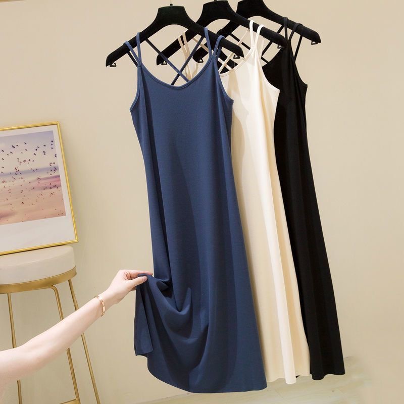 Summer Ice Silk Mid-Length Camisole Dress Women's Elegant Loose Fit Outerwear Base Layer Pajama Dress Camisole Dress---60