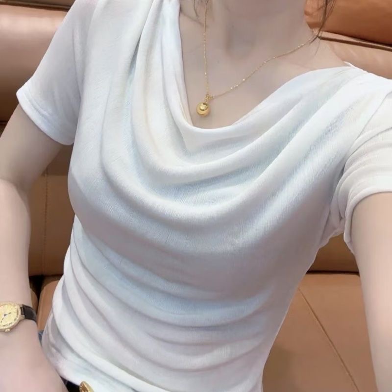 New summer style, chic solid color pleated short-sleeved T-shirt, slim fit, flattering top with a stylish ruffled neckline for women.---61
